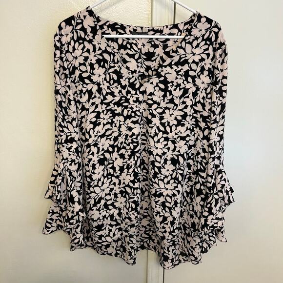 Vince Camuto Floral Blouse XXL | Black White 3/4 Sleeve Flowy Top - Picture 1 of 6